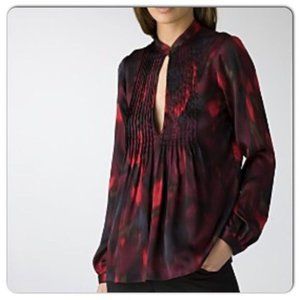 Theory Silk Blouse | Eggplant Purple Watercolor Abstract Print | Size Medium